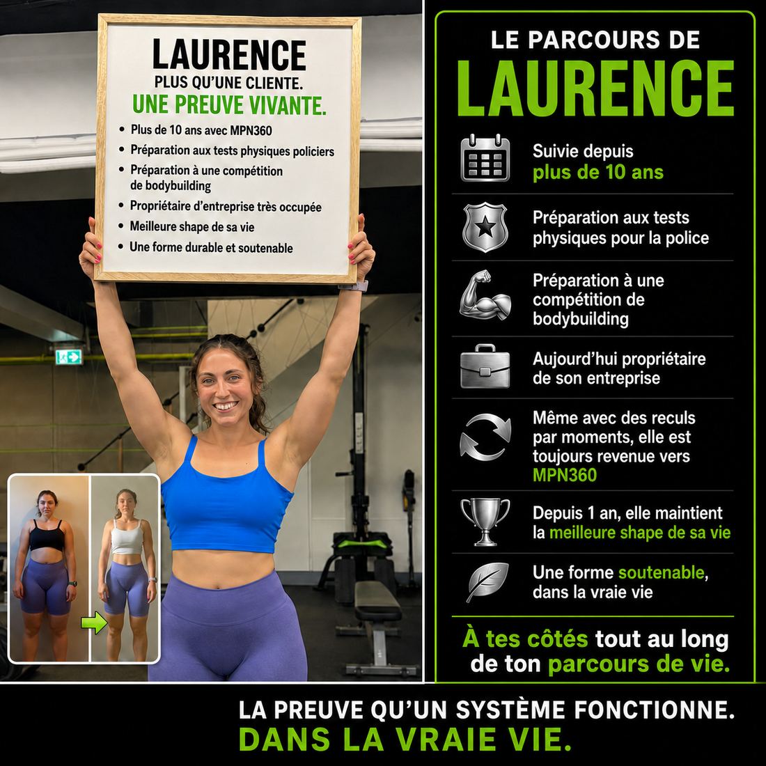 Laurence, propriétaire d'entreprise, cliente MPN 360 depuis plus de 10 ans : forme durable et soutenable, avant-après